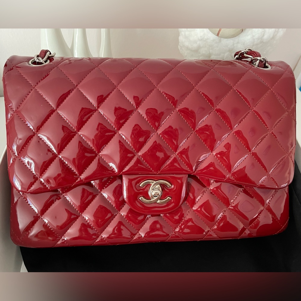 Chanel 2011 Classic Jumbo Double Flap Red Patent Leather Bag